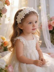 1件婴儿/幼儿女童乳白色刺绣蕾丝花边发带，柔软花朵发饰 - 米白色 - 查看 5