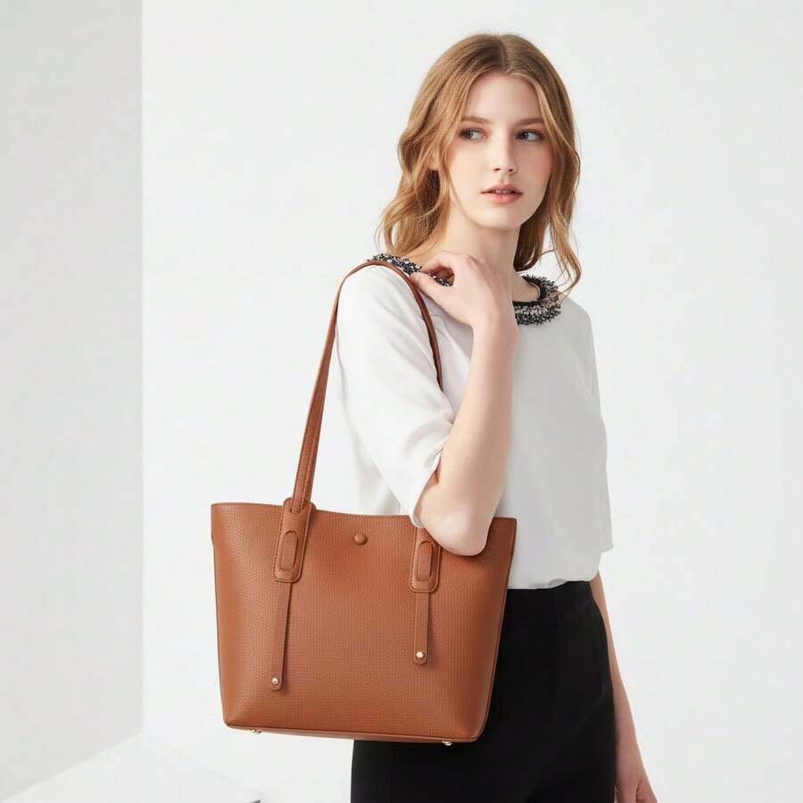 Women's Large Tote Bag, Elegant, Structured, Luxury, Minimalist, Long Shoulder Strap, Modern, Spacious, Fashionable, Casual, Chic, Executive, Work, College, Everyday Use, Textured, Durable, Versatile, Classic, Sophisticated, Large Capacity, Urban Style, Comfortable, Premium - 駝色 - 查看 1