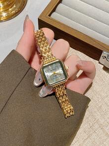 1 pieza Reloj de cuarzo cuadrado de mujer de estilo minimalista plateado, adecuado para combinar con atuendos diarios, regalo de cumpleaños/graduación, fiesta - Dorado - Ver 2
