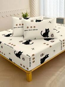 可爱黑猫印花三件套床上用品（1个床笠+2个枕套，不含枕芯），四季皆宜，防滑床笠 - 彩色 - 查看 5