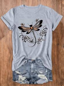 Artistic Orange Dragonfly Floral Pattern Shirt Casual Cotton Crew Neck Short Sleeved Versatile Stylish Artistic Decorative Style Enthusiasts - Màu Xám nhạt - Xem 1