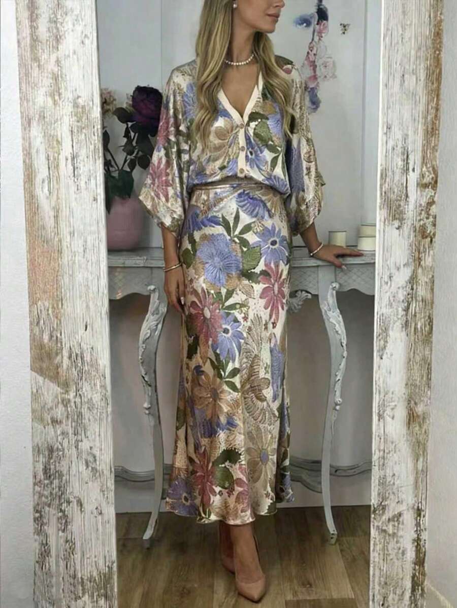 YI XUAN 大尺碼女款優雅兩件套，復古花卉印花上衣與裙子套裝，休閒時尚波西米亞風優雅波西米亞套裝，夏季