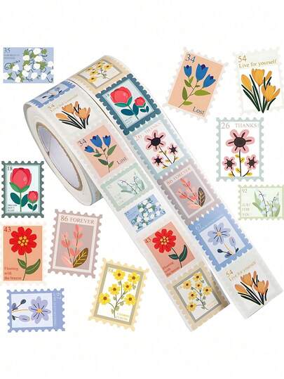 500pcs/Roll Floral Stamp Stickers, Creative Floral Cute Ins Style Roll Stickers, Cartoon Flower Stickers, Suitable For Diary Decoration, DIY Notebook, Phone Case, Water Bottle, Party Favors, Planner, Diary, Envelope, Card Making, Gift Packaging