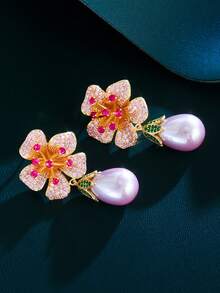1 Pair Gold Plated Multicolor Cubic Zirconia Long Pearl Dangle Flower Drop Earrings, CZ Jewelry Accessories For Brides, Bridesmaids, Wedding, Engagement, Party, Prom, Daily Wear, Gift For Ladies, Girlfriends, Wife - Multicolor - View 10