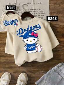 Sanrio Tiny Trove X Hello Kitty LA Dodgers Baseball Tee For Kids – Unisex 2-14 Years Soft Polyester (Polyester) T-Shirt With Cute Cartoon Print Spring Summer Casual Wear Cute Round Neck Casual Summer Fun Top, Moisture Wicking, Boys And Girls Can Wear, As A Holiday Gift For Children. - 杏色 - 查看 1