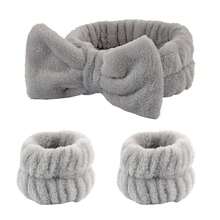 1 Set 3pcs Plush Headband & Wristband, Absorbent & Sweat-Wicking Facial Cleansing Accessories - Grey - View 3
