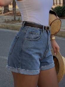 Shorts vaqueros de tiro alto lavados y remangados, de estilo minimalista y versátil, para mujer, de uso casual en verano - Azul lavado oscuro - Ver 2