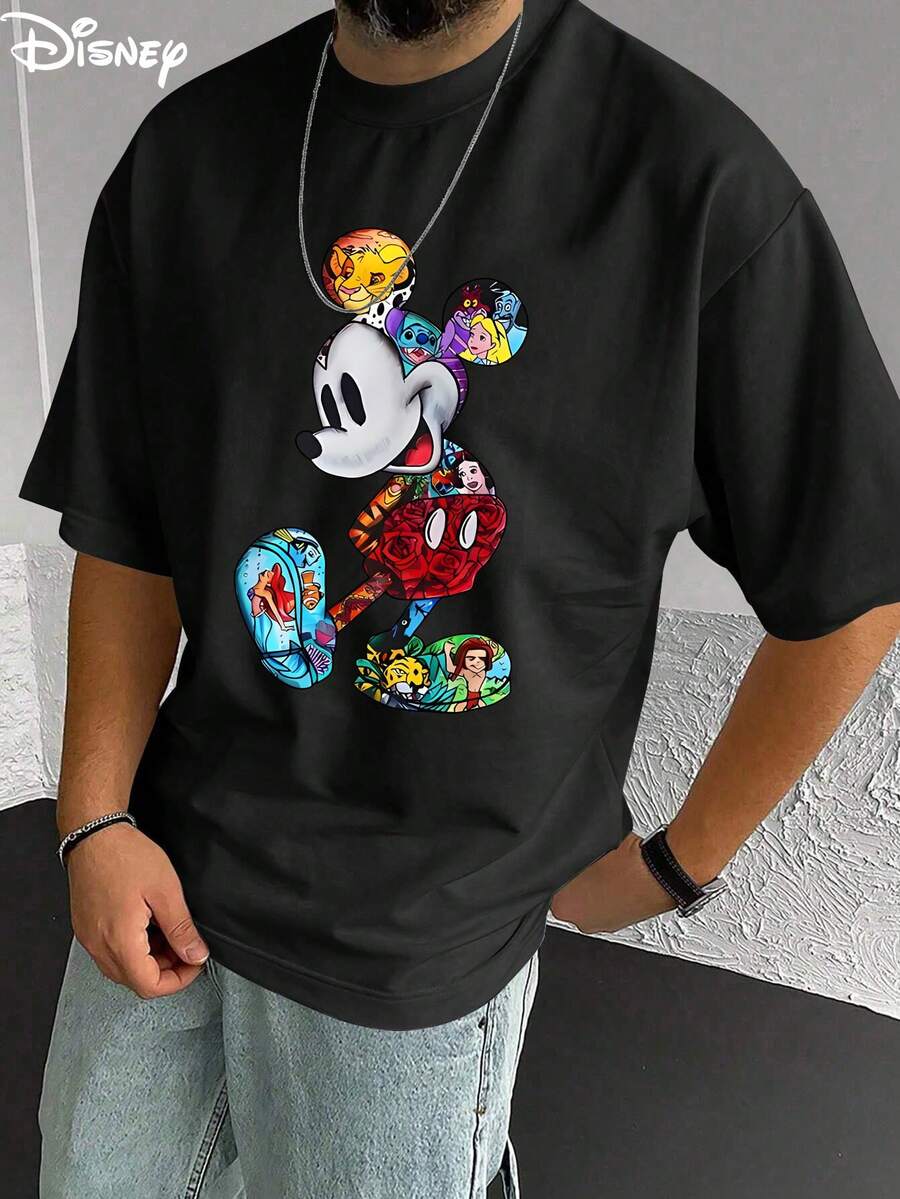 Disney Men's Casual T-Shirt, Mickey Art Collage Print, Colorful Design, Comfortable Soft Fabric, Ideal For Creative Fans - màu đen - Xem 1