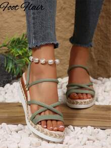 Foot Flair Plus Size Women's Woven Strap Open Toe Rope Sole Wedge Platform Sandals, Beach Vacation Style, Spring/Summer Fashion, Versatile Comfortable Roman Sandals - Army Green - View 4
