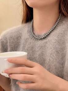 一套女士串珠项链，银灰色珍珠项链，适合女士佩戴，复古时尚颈链，锁骨链，感恩节、圣诞节、情人节节日礼物 - 灰色 - 查看 9