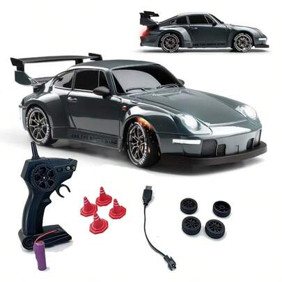 1:24 Escala Coche de Deriva con Control Remoto con Luces LED, Neumáticos de Deriva, Juguete Deportivo de Carreras, Regalo Creativo Adecuado para Adultos, Niños y Niñas, Gris