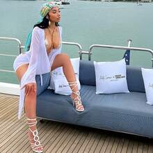 New Women's Dress Mesh V-Neck Long Sleeve Backless A-Line Short Dress - 白色 - 查看 2