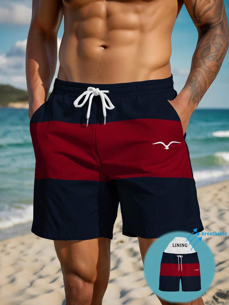 Quần short nam mùa hè in họa tiết, cạp chun, túi xéo, kiểu Hawaii, nhanh khô, hai lớp lót lưới, họa tiết 3D phối màu tương phản, thời trang thường ngày, đồ bơi đi biển. - Nhiều màu - Xem 1