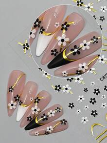 1 pieza Pegatinas de uñas con flores negras y blancas, líneas francesas metálicas doradas, y lindos dibujos de flores de cinco pétalos para decoración de manicura de primavera y verano para mujeres - Multicolor - Ver 5