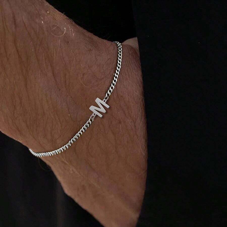 1 pieza Pulsera de cadena cubana de acero inoxidable con inicial plateada simple y clásica para hombres - Plateado - Ver 1
