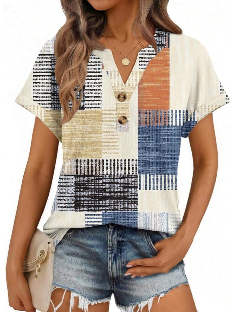 2026 Spring Fashion Tunic For Women - Short Sleeve Henley & V-Neck Blouse,  & Flowy Dressy Casual Top - 上帝 F - 查看 1