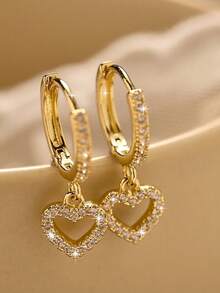 1 Pair Shiny Heart-Shaped Zirconia Encrusted Hoop Earrings, Delicate Heart Pendant Jewelry Gift For Women - Heart-shaped - View 1