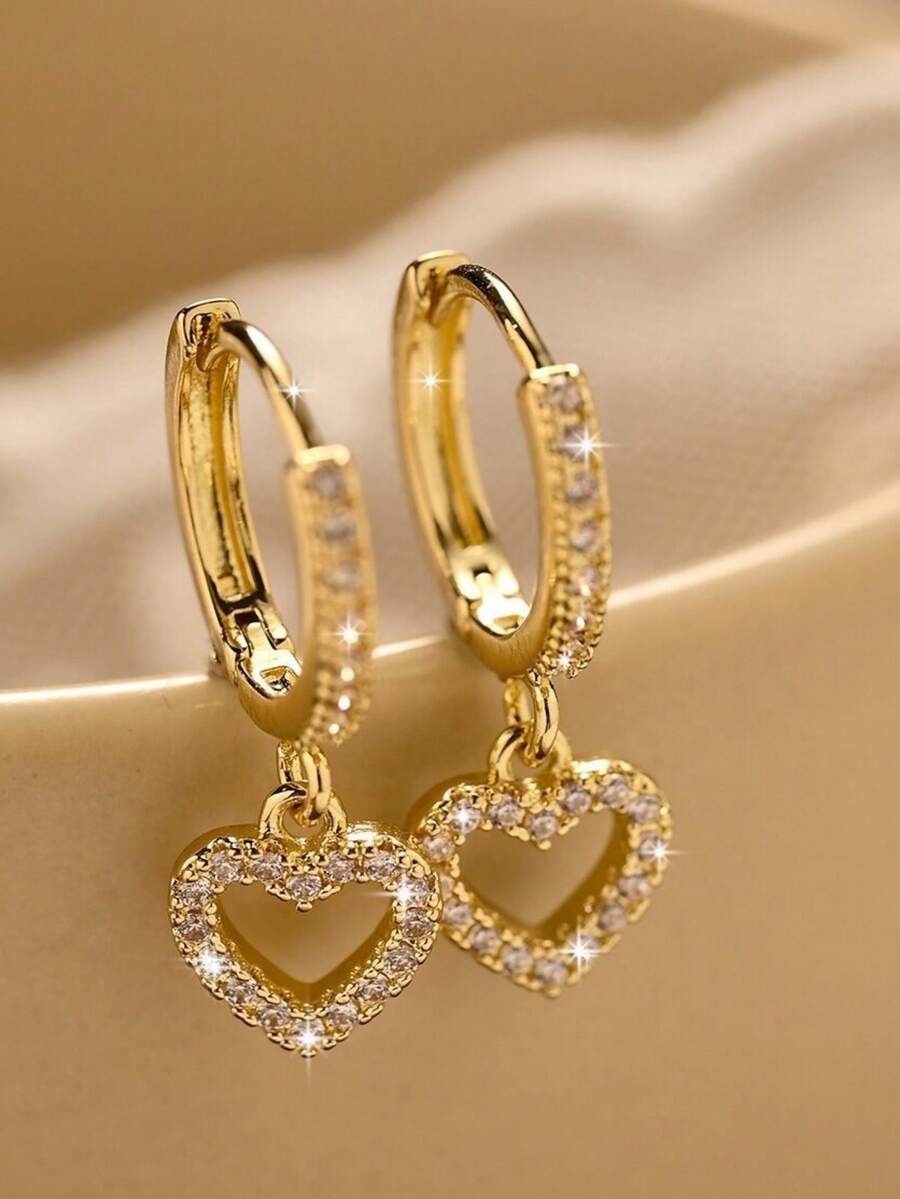1 Pair Shiny Heart-Shaped Zirconia Encrusted Hoop Earrings, Delicate Heart Pendant Jewelry Gift For Women - Heart-shaped - View 1