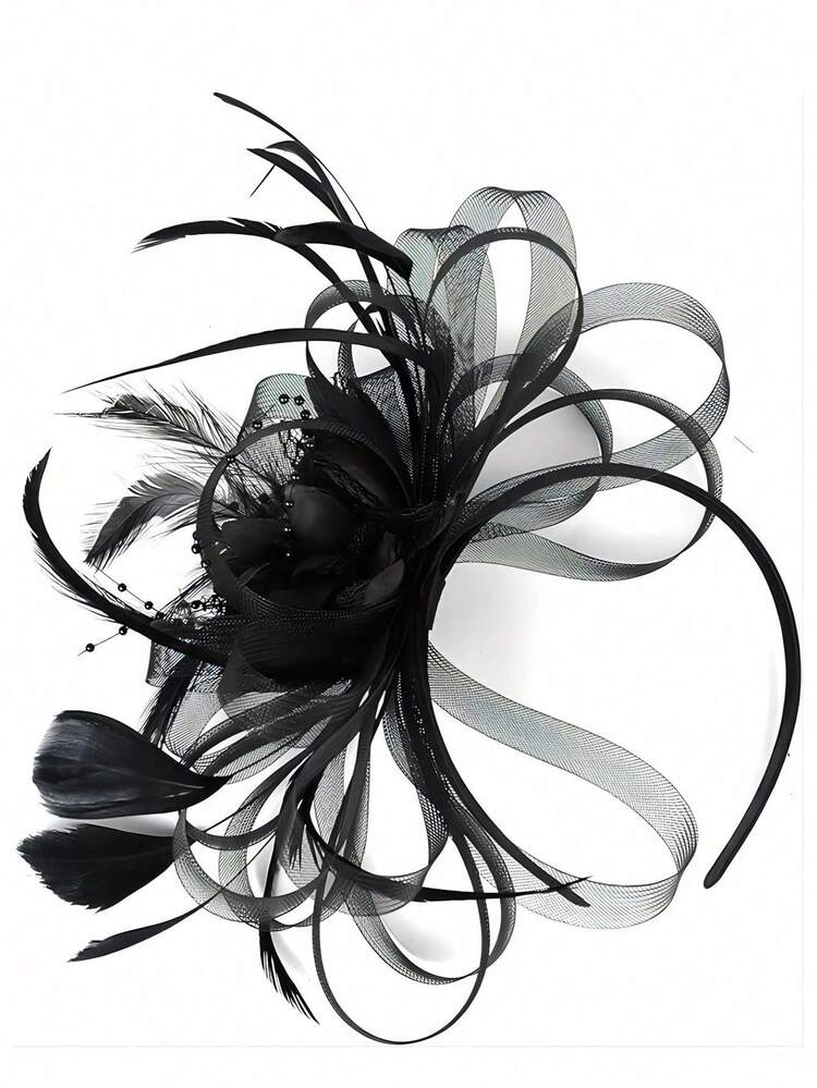 1pc Women's Tea Party, Kentucky Derby, Wedding Floral Mesh Hairclip, Charming Hair Accessory Headband,Summer,Beach - Black - View 3