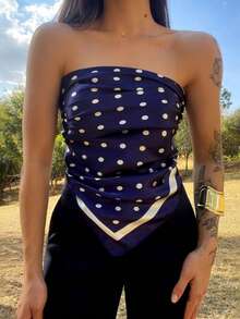 Elegant Women's Printed Satin Scarf 90x90 Large For Hair - Poá /Azul - 查看 2