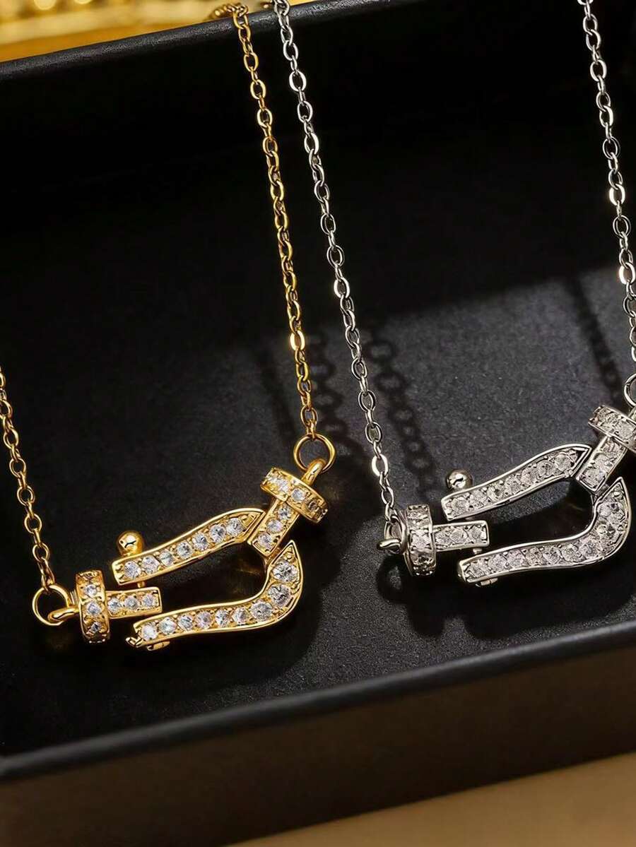1pc Stainless Steel Rhinestone Horseshoe Clasp U-Shaped Necklace, Delicate And Luxurious Style, Fashionable Clavicle Chain For Women - Horseshoe Necklace - View 1