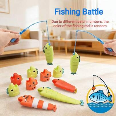 儿童可伸缩钓鱼对战玩具套装 - 可伸缩鱼和随机颜色鱼竿，互动式益智游戏（部分零件颜色随机）