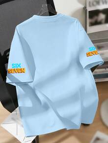 Camiseta de cuello redondo con estampado de número "67" y letra, de verano y divertida para adolescentes varones, nueva llegada - Celeste - Ver 2