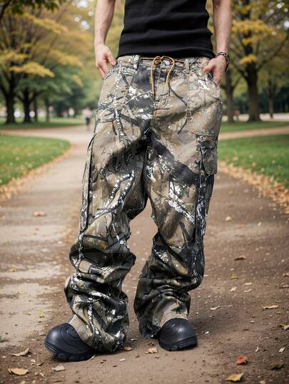 [Graphic Print Jeans] Men's Loose 100% Graffiti Graphic Print Denim Trousers With Multi Pockets, Causal Drawstring Jeans For Outdoor Activities