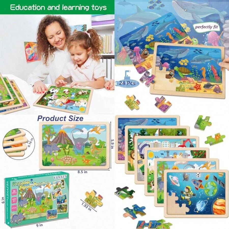 Wooden Puzzles For Ages 3-5 6 Packs 24 PCs Jigsaw Puzzles Preschool Educational Brain Teaser Boards Toys Gifts For Wood Puzzles For 3 4 5 6 Year Old Boys Girls - As Pic - View 1