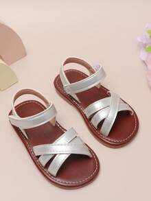 1双银色女童平底凉鞋，露趾舒适百搭魔术贴沙滩鞋，儿童鞋履 - 銀色 - 查看 2