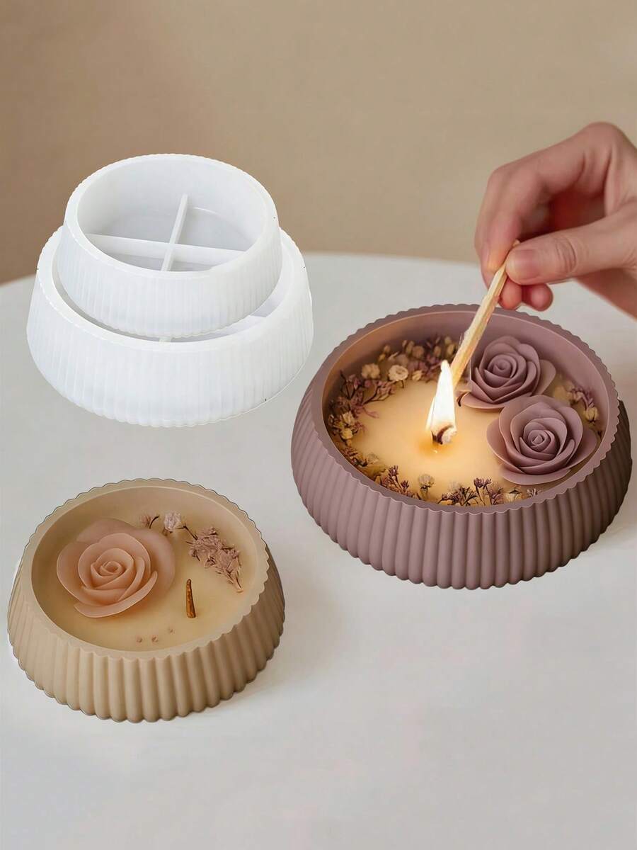 DIY Striped Round Bowl Silicone Mold, Candle Wax Container Mold, Epoxy Resin Large Capacity Storage Box Mold, Succulent Planter Concrete Cement Casting Mold, Durable Household Mold - White Silicone Mold - View 1