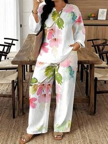 Mature Women Plus Size Notch Collar Three-Quarter Sleeve Top Wide Leg Pants Two-Piece Set Watercolor Pink Flower Print Loose Breathable Set Comfortable Versatile Outfit For Spring Summer Travel And Home Wear - 彩色 - 查看 1