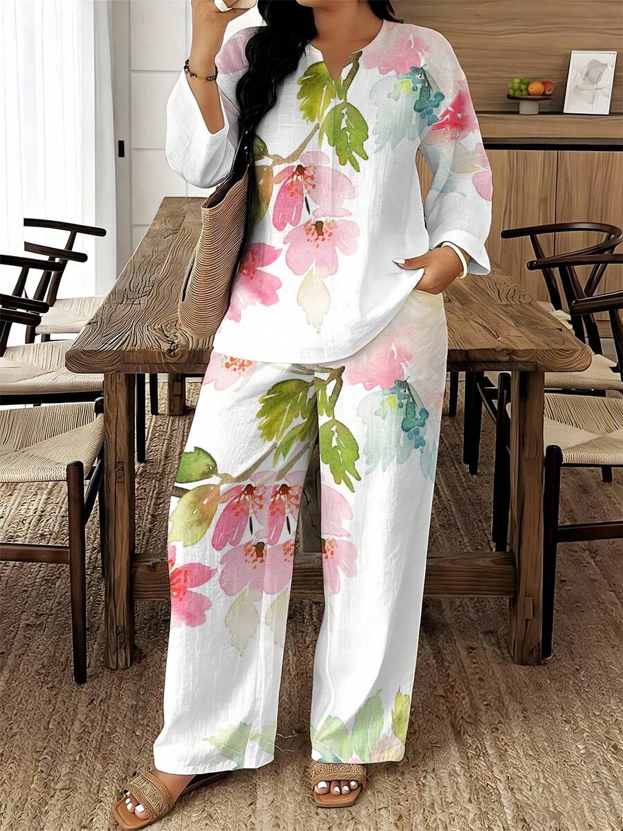 Mature Women Plus Size Notch Collar Three-Quarter Sleeve Top Wide Leg Pants Two-Piece Set Watercolor Pink Flower Print Loose Breathable Set Comfortable Versatile Outfit For Spring Summer Travel And Home Wear - 彩色 - 查看 1