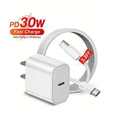 Adaptador de pared de carga rápida PD de 30 W + Cable de carga rápida de Tipo C a Tipo C de 3.3 pies/100 cm con transferencia de datos de alta velocidad, Juego de adaptador USB C compatible con iPhone/// y otros dispositivos de Tipo C - Tipo de Enchufe A USA (110-127V) - Ver 1