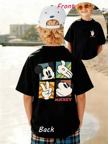 1pc Disney Mickey Mouse Double-Sided Playful Graffiti-Style Portrait & Gesture Print Tween Boys Cool Casual T-Shirt, Skin-Friendly & Easy To Clean, Perfect For Daily Play And Outdoor Trips - Black - View 1