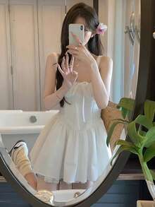 Summer Pure White Spaghetti Strap Mini Dress, Waist Cinched Design, Flattering Silhouette - White - View 4