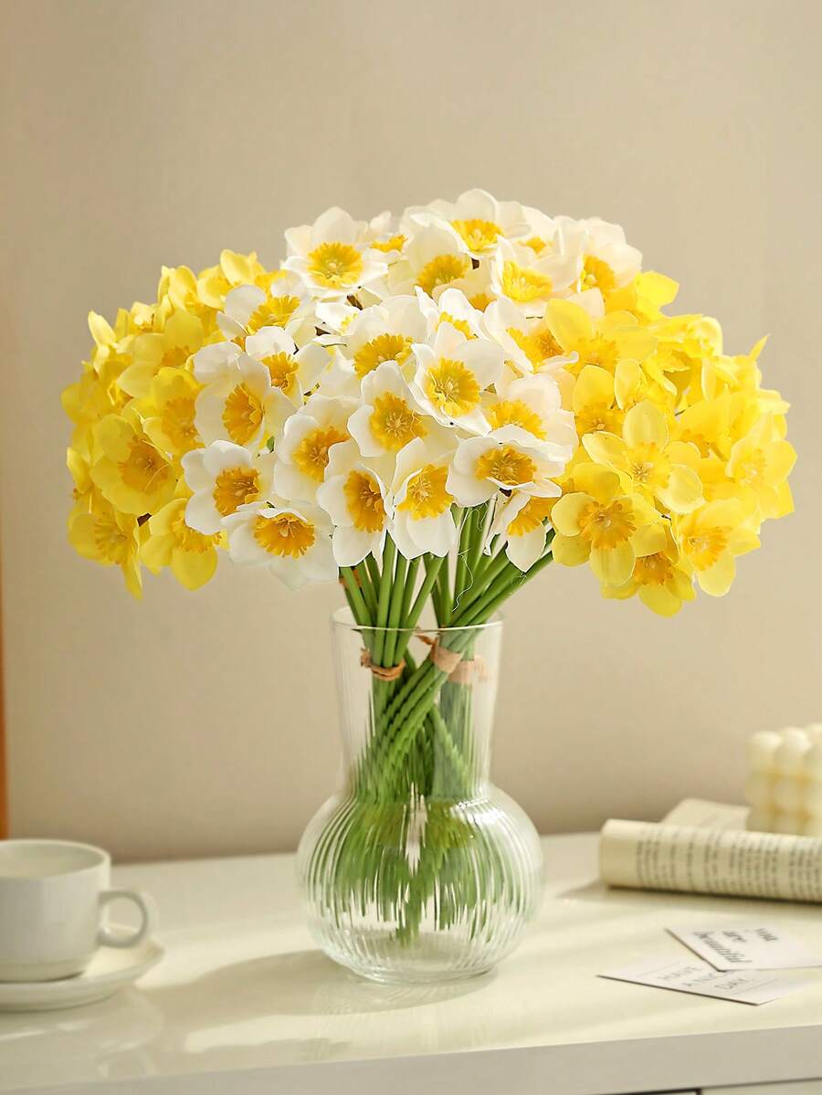 6 pièces/12 pièces Fleurs de jonquille artificielles, fleurs de jonquille jaunes factices pour la décoration de mariage, la décoration de la maison et de la chambre, fleurs factices pour la décoration de la maison et du mariage - Multicolore - Voir 1