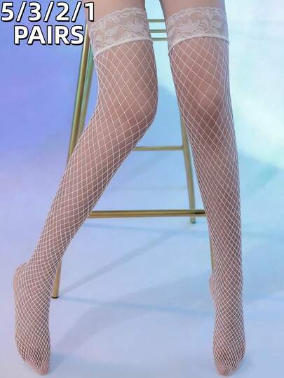 5/3/2/1 Pair Women's Y2K Fishnet & Sheer Stockings Thigh High Socks, Goth Knee High Cosplay Socks, Slim Fit Stretch Nylon Blend, Fashion Decorative Stockings For Party, Costume, Stage Wear