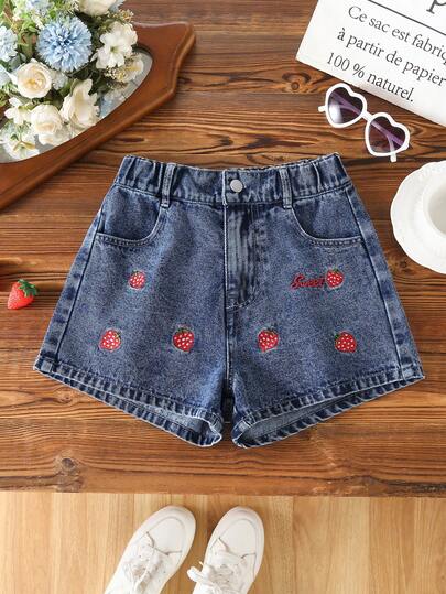 1 chiếc quần short denim nữ kiểu dáng thường ngày, cạp chun, ôm sát, dễ thương, thêu chữ hình dâu tây, đa năng, thời trang, thích hợp cho mùa hè.