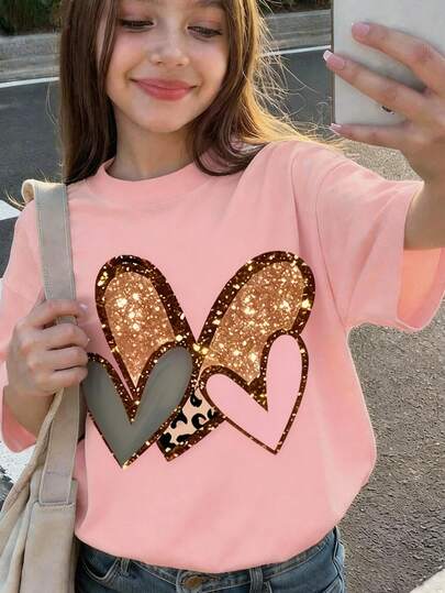 少女卡通爱心印花短袖T恤，少女夏季舒适圆领上衣