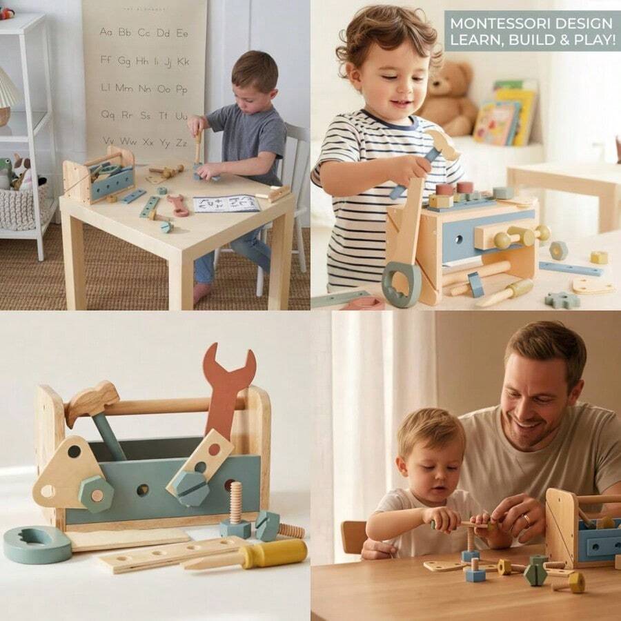 Durable Wooden Tool Set For Toddlers - Montessori Tool Box Kit With Hammer For Boys Girls 2-5 Years - Fun Christmas Toy Gift For With 30+  Tools For Creative Play - As Pic - View 1