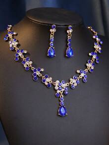 1/3/4pcs Rhinestone Queen Tiara & Jewelry Set - Zinc Alloy Crown, Rhinestone Necklace And Earrings, Suitable For Women Wedding, Dress And Events - Blue - View 3