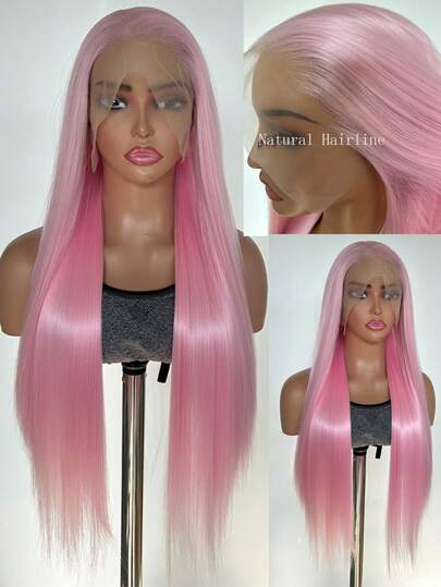 惊艳粉色合成蕾丝前假发，26英寸预拔毛长直发假发，13x4高清蕾丝假发，无胶粉色假发，耐热万圣节假发，粉色长款假发