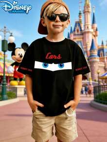 Disney Official Licensed Cars Lightning McQueen Print Kids' Short-Sleeve T-Shirt | 100% Polyester, Ultra Comfortable, Super Soft, Black | Ages 1-14 Unisex, High Appearance, High Turnout, Daily Versatile, Relaxed Fit, Stylish, Disney Limited Edition Design, Commute Essential, Parent-Child Photo Op Must-Have, Spring/Summer/Fall Wear, New Arrival, Express Delivery - Black - View 2