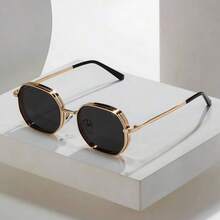 Men's Summer Metal Geometric Fashion Glasses, Streetwear Style, Available In Black/Gold/Silver/Brown, Create Fashionable School Season Look - Gold - View 3
