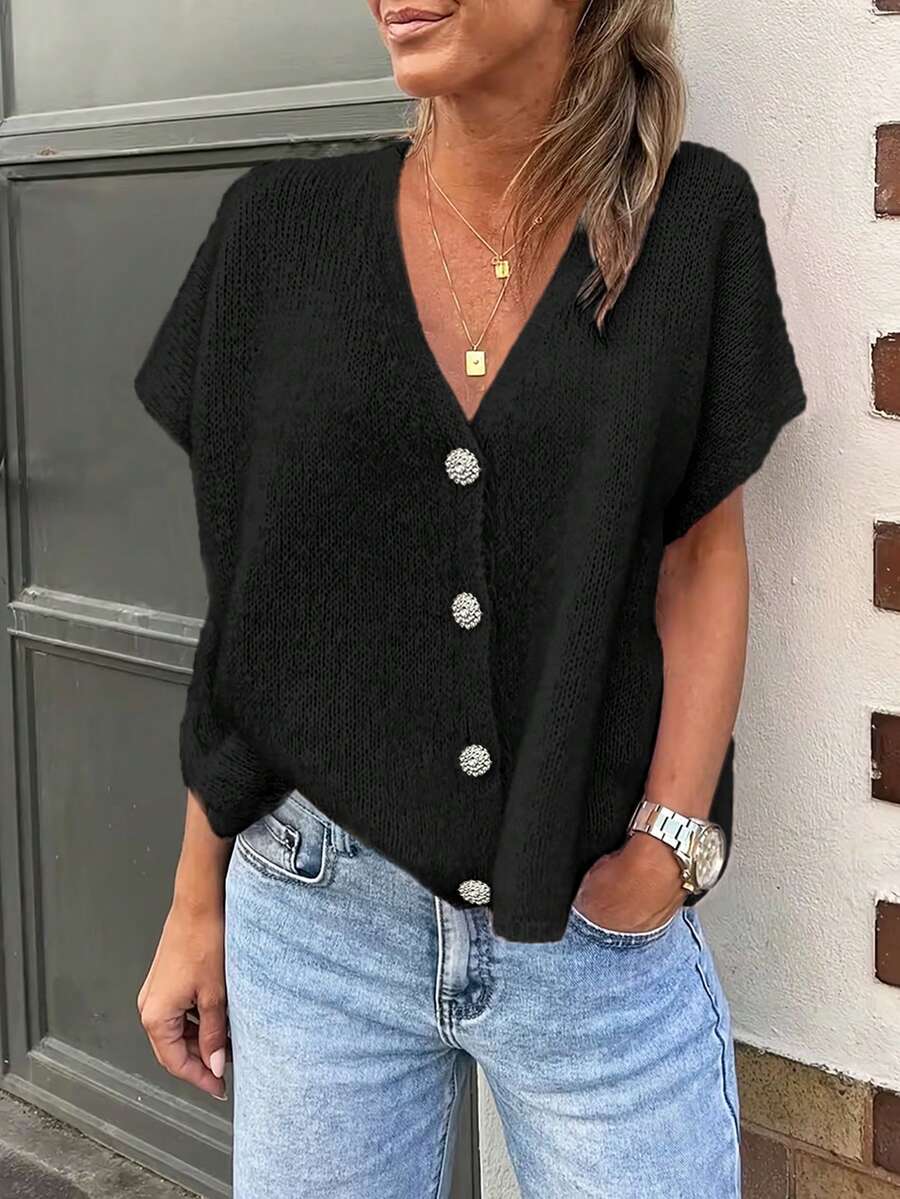 V Neck Plain Asymmetrical Button Sleeveless Loose Casual Elegant Knit Vest, Four Seasons Daily Wear, Women's Fashion Top,Vacation Outfits Women,Summer Outfits For Women Black - Black - View 1