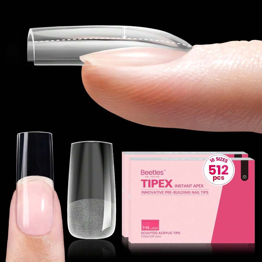 Puntas de uñas Beetles Instant Apex extracortas, cuadradas, 192 unidades, 16 tamaños, preconstruidas, pregrabadas, semimate, cobertura total, uñas acrílicas a presión - Puntas de uñas Tipex cuadradas medianas (512 piezas) - Ver 1
