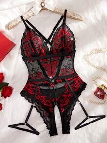 2 Pcs Women's Sexy Lingerie Set Adjustable Cross-Back Straps, Triangle Cup, Backless Open-Crotch Bodysuit & Adjustable Garter Belt Comfortable For Home, Elegant For Special Occasions - Black - View 9