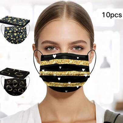 10个装心形口罩，情人节口罩，一次性耳挂式口罩，适合万圣节、圣诞节、新年礼物，轻薄蕾丝户外口罩，防尘、防风、防紫外线