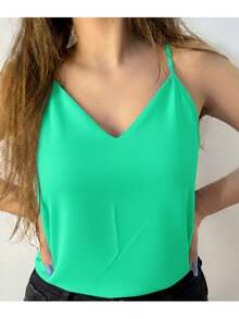 Women's Tank Top With Adjustable Straps, Basic Crepe Blouse With Thin Straps - Green Water - View 2
